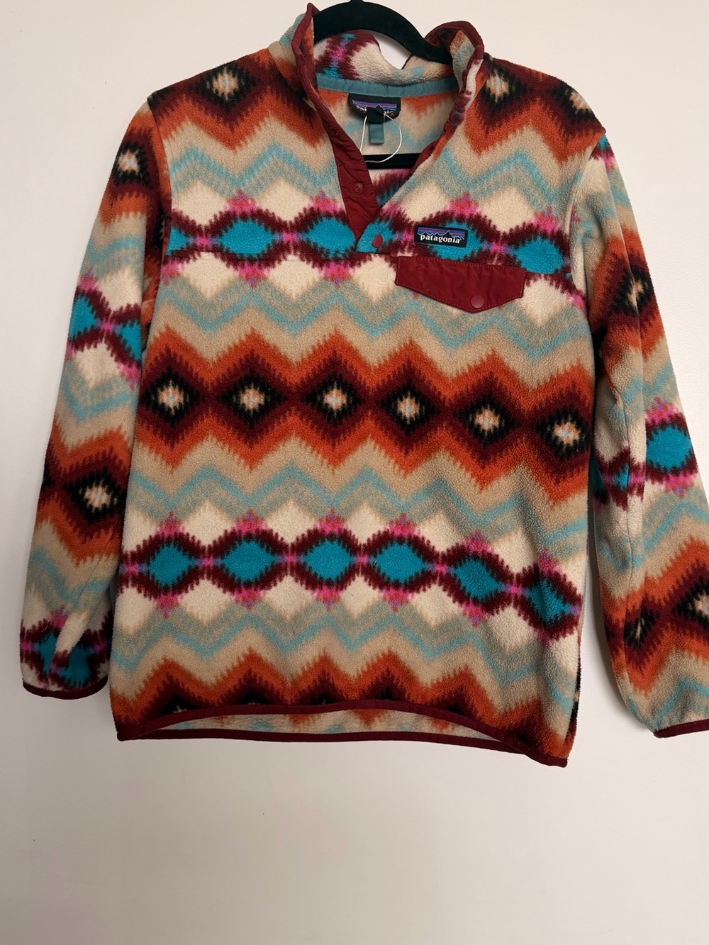 Patagonia women’s Zigzag Fleece Snap Pullover - Teal, Rust & Cream